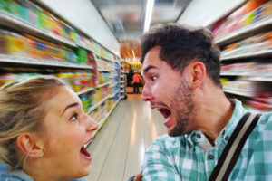 stressed couple shopping with motion effect